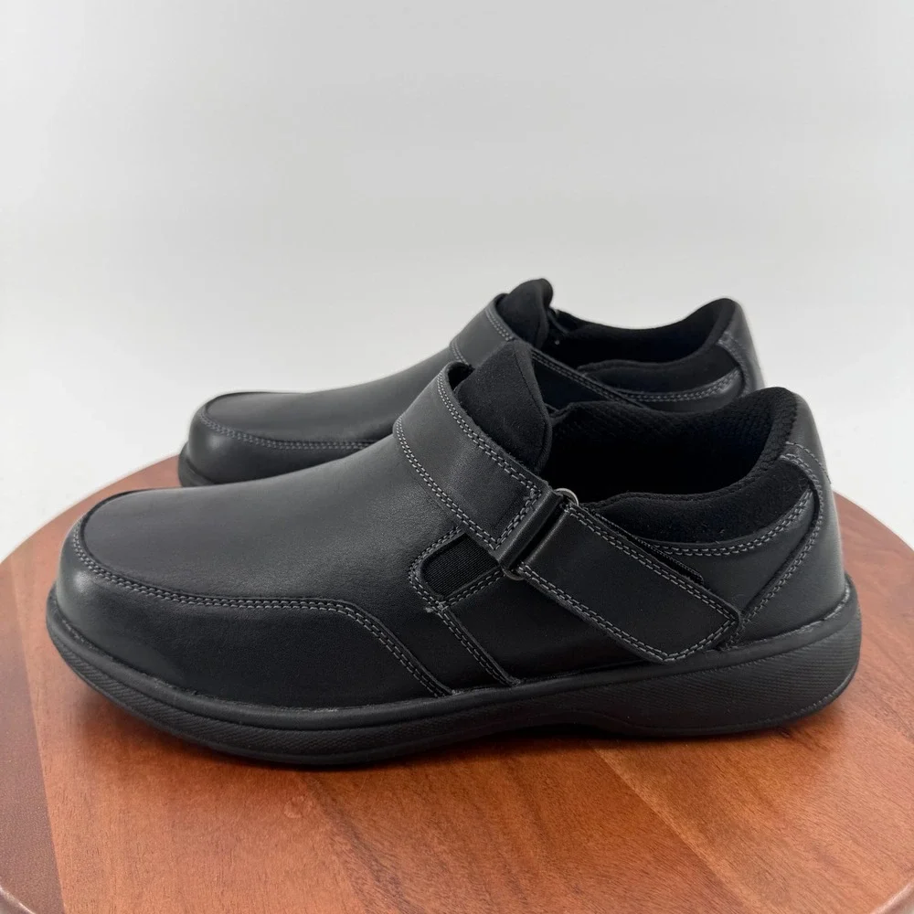 OrthoFeet 511 Mens Black Leather Hook and Loop Strap Walking Shoes 10 2E Wide